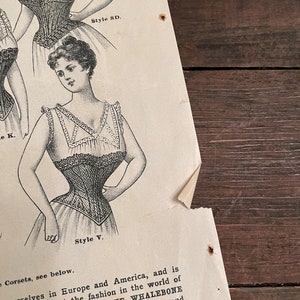 May include: A vintage advertisement for corsets featuring two women wearing different styles. The text reads "Corsets, see below.  Only GENUINE WHALEBONE to be had in twenty-two different models, and FANCY BLACK WOOL FABRICS, BATISTE, Style SD. Style V."