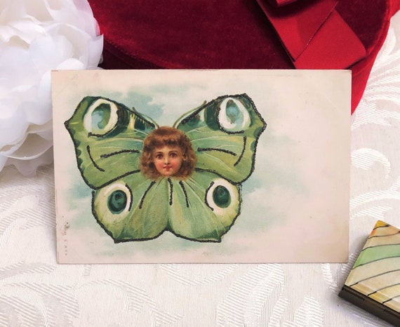 Rare Unusual Beautiful Antique Postcard Large Green Butterfly w Little Girl’s Head Glitter Undivided Back Pre 1907 Vintage Post Card