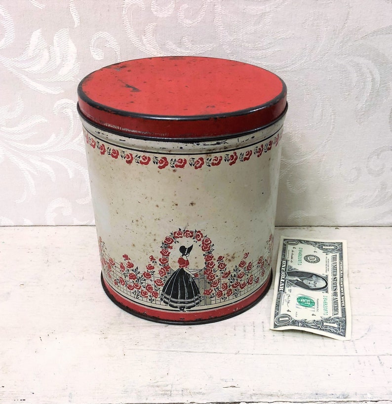 Red White Black Lady in Hoop Skirt Red Flowers Floral Roses Garden Trellis Arch Vintage Tin Box Pretty Antique Tin Kitchen Canister