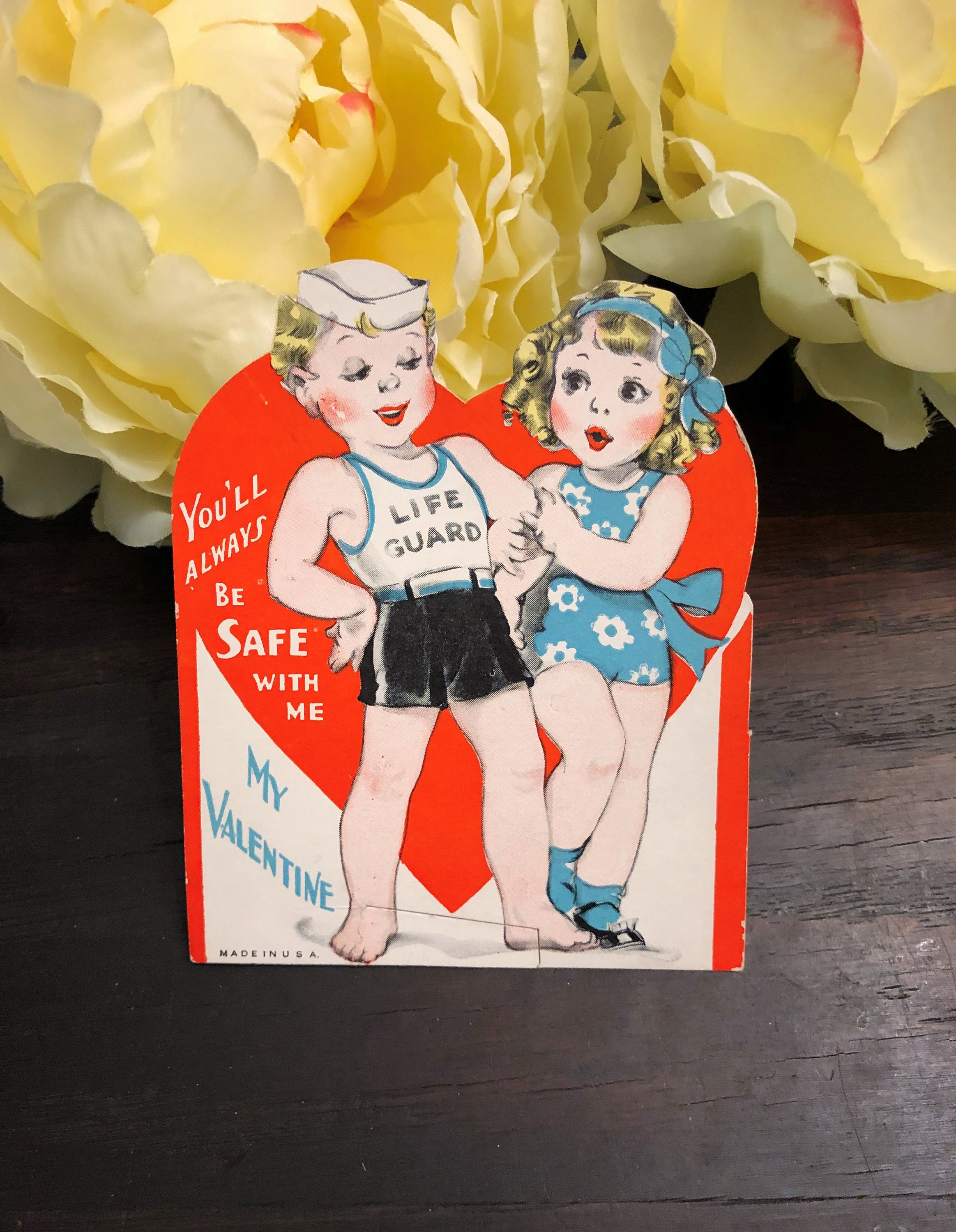 Vintage Lifeguard Valentines Day Card Little Boy and Girl C pic
