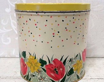 Round 1940s Canister Tin Yellow & White with Flowers and Polka Dots Vintage Floral Tin Kitchen Decor