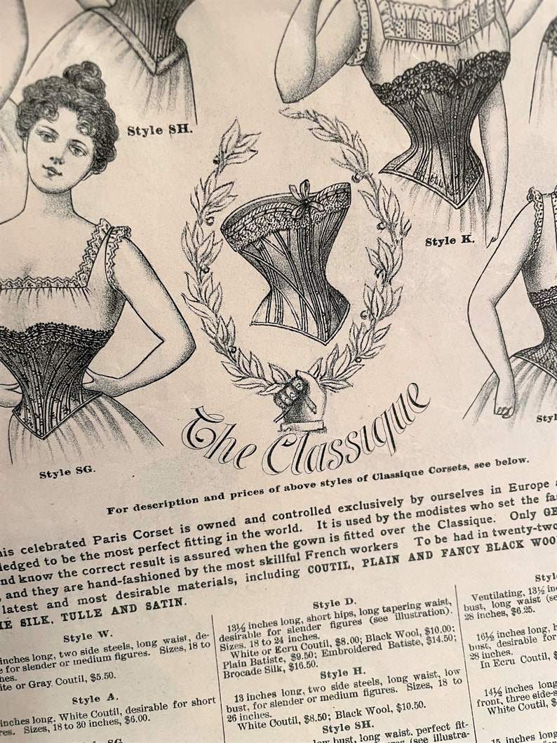 May include: A vintage advertisement for The Classique corsets, featuring illustrations of women wearing different styles of corsets. The text highlights the quality and craftsmanship of the corsets, mentioning materials like coutil, silk, tulle, and satin. The ad also includes measurements and prices for each style.