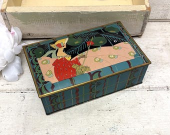 Stunning Antique Art Deco Tin Box w Pretty Lady & Parasol Teal Trinket Keepsake Box c 1920s Vintage Box Fashionista Gift