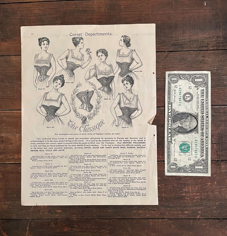 May include: A vintage advertisement for The Classique corsets, featuring illustrations of women wearing different styles of corsets. The ad highlights the corset's popularity in Europe and America, emphasizing its perfect fit and high-quality materials, including silk, satin, and wool.