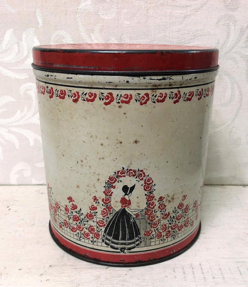 Red White Black Lady in Hoop Skirt Red Flowers Floral Roses Garden Trellis Arch Vintage Tin Box Pretty Antique Tin Kitchen Canister