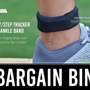 Pode incluir: Uma faixa de tornozelo de algodão preta para rastreamento de atividade/passos usada no tornozelo. O texto "CHOOSE YOUR FABRIC!" é visível. A imagem também inclui o texto "ACTIVITY/STEP TRACKER COTTON ANKLE BAND" e "BARGAIN BIN".