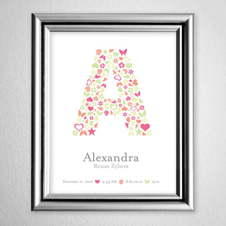 Monogrammed Birth Announcement Poster Personalized Baby Gift Baby Girl Birth Vitals Nursery Wall Art Poster image 1