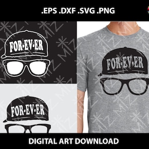 May include: A black and white graphic design of a baseball cap with the text "FOR-EV-ER" on the front. The graphic is shown on a gray t-shirt and as a standalone design.