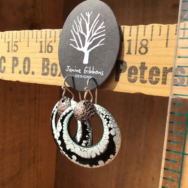 Glass Enamel on Copper with hammered brass and sterling ear wires.