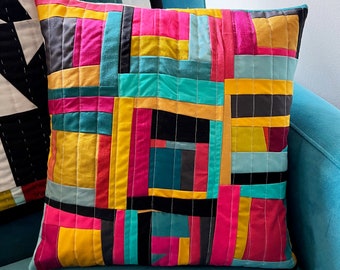 Funky Log Cabin 2.  Abstract, Modern, Quilted Pillow Cover.  16" x 16"