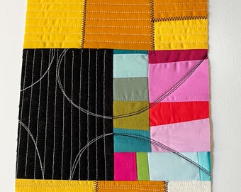 Arches. Abstract Fabric Quilted Collage Art Piece. Bright Colors, Sewn Details. 11" x 14"