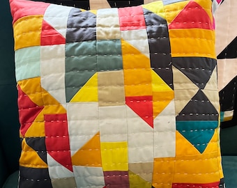 Stripes. Abstract, Modern Pillow.  Hand Quilted.  Geometric.  Colorful.  16" x 16"