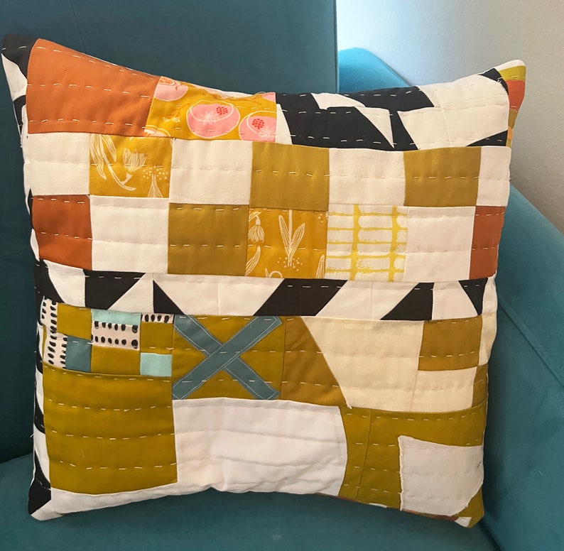 X Marks The Spot hand-quilted pillow. Abstract. Geometric. Gold and White with pops of color. Perfect for any decor. 16x 16 image 4
