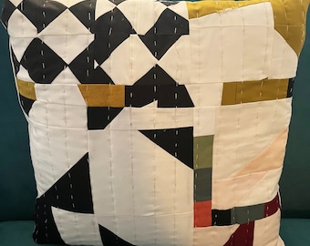 Abstract hand-quilted pillow.  Modern.  Diamonds.  Geometric. Black and White with Pops of Color.  16" x 16" Ready to Ship