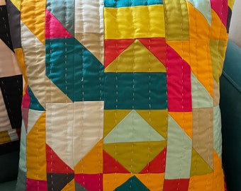 Diamonds.  Handmade, Hand Quilted Abstract, Geometric, Colorful Pillow Cover.