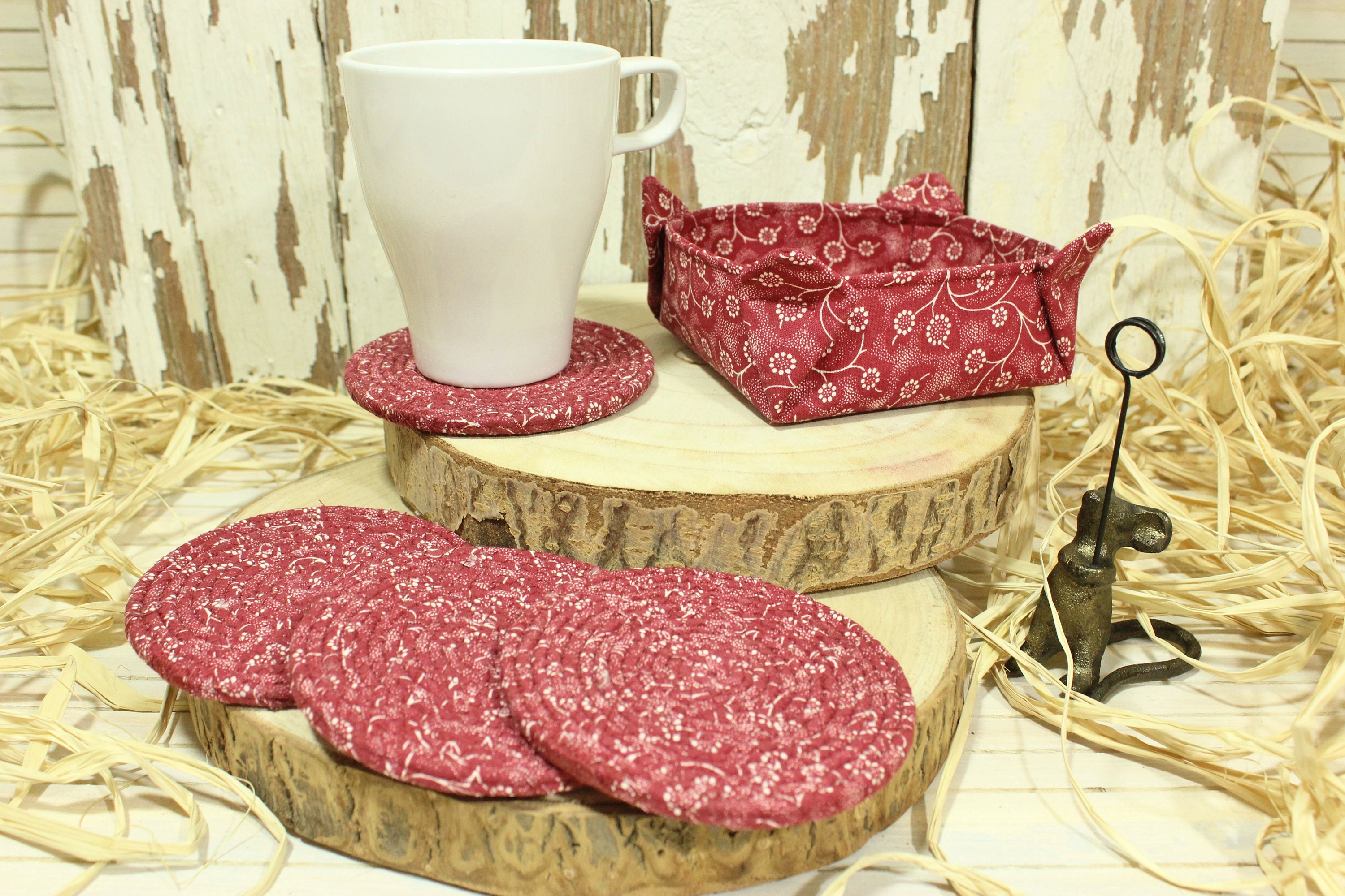 Fabric Coasters and holder wrapped cording absorbant Etsy