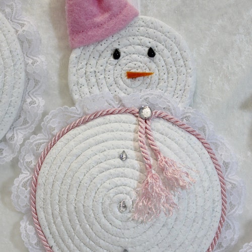 Snowman, ornament, coiled, fabric, hand wrapped, decorative, gift, whimsy