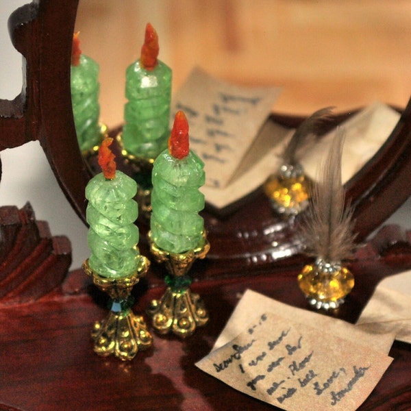 Dollhouse Miniature Candle on Gold Holders, 2 Tall Green Spiral Pillar Candles with Flame, Miniature Handmade Accessory