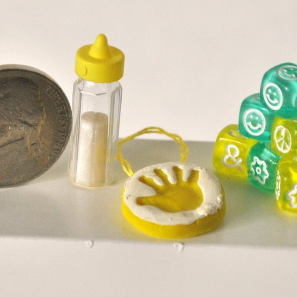 Dollhouse Miniature Baby Bottle, Building Blocks, Hand Print Plaque, Miniature Nursery Room Decor, Yellow