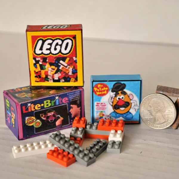 Dollhouse Miniature Toy Game Boxes, Lite Brite, Mr Potato Head, Lego with Lego Blocks, Dollhouse Toys