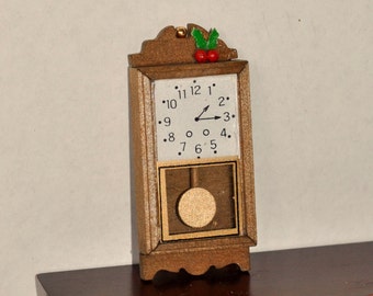 Dollhouse Miniatures Wood Wall Pendulum Clock, Vintage Miniature Dollhouse Enesco Brown Wooden Clock