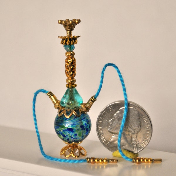 Dollhouse Miniature Hippie Hookah, Aqua Blue with Gold, 1960s Hippie Decor, Miniature Handmade Hookah