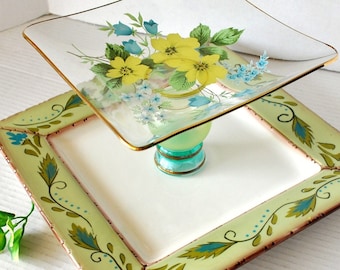 Unique FANCY Square 2 Tier Serving Plate /Jewelry Holder, Green Ceramic and Blue Floral Reverse Painted Glass Plates, 2 Tier Buffet Server