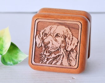 Vintage 'Wilderness Woods' Caja de baratijas de anillo de perro de madera pequeña, Caja de propuesta de anillo cuadrado pequeño de Golden Retriever de madera decorativa de madera cortada con láser