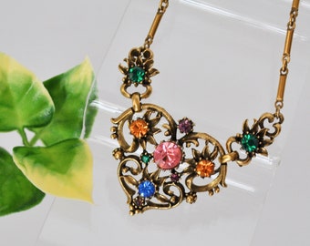 Vintage Coro Rhinestone Pendant Necklace, 1950s Costume Jewelry Gold Finish Bar Link Necklace Multi Colored Rhinestones Signed Coro