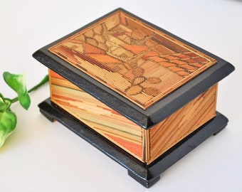 Vintage Wood Mosaic Marquetry Inlay Trinket Ring Prayer Box, Hinged Lid Black Edged Decorative Small Marquetry Inlay Rectangular Storage Box