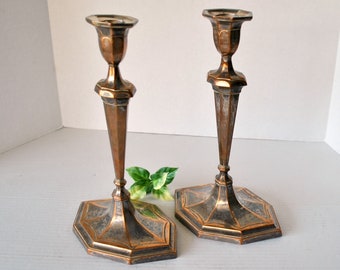 Antique Unique Sheffield Style Silver Plate over Copper Candlestick Holders, RARE Spider Web Base Tall Candlesticks Candle Holder 1800s