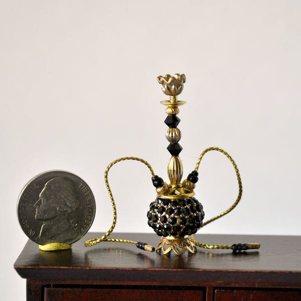 Dollhouse Miniature Regency Hippie Hookah, Black Pave Encrusted with Gold Finish Accents 1960s Hippie Decor, Miniature Handmade Hookah