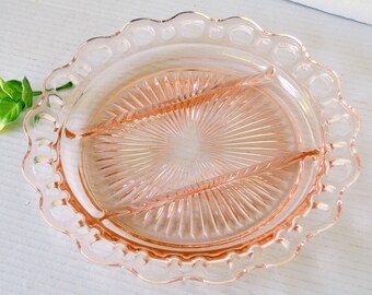 Vintage Round Pink Depression Glass Divided Relish Tray Platter, Hocking Old Colony Open Lace 3 Part Round Circle Platter circa 1935-38