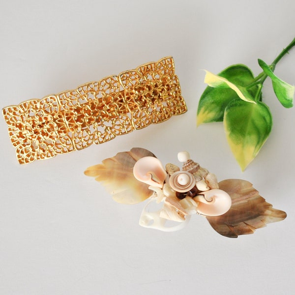 Fancy Vintage Hair Barrette Clip, CHOOSE Mother of Pearl Shell or Gold Tone Filigree Design Hair Clamp Barrette Accessory