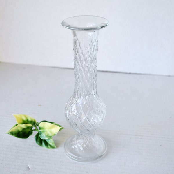 Vintage E.O. Brody & Co. Embossed Diamond Lattice Pattern Clear Bud Vase, 7.5" Tall 1980s Pressed Glass USA Mid Century Vase