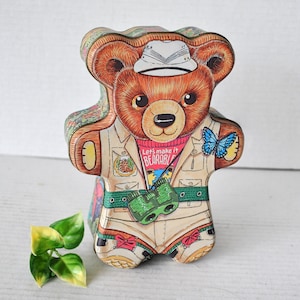 Vintage NATURE BEAR &#39;Let&#39;s Make It Bearable&#39; Teddy Bear Shaped Metal Tin Container, Colorful Safari Animals, Collectible Metal Storage Tin