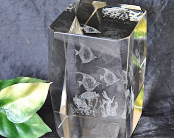 Vintage Laser Etched 3D Tropical Fish Art Glass Block Paperweight, Beveled Cut Glass Rectangular Cube Laser Engraved Desk Decor