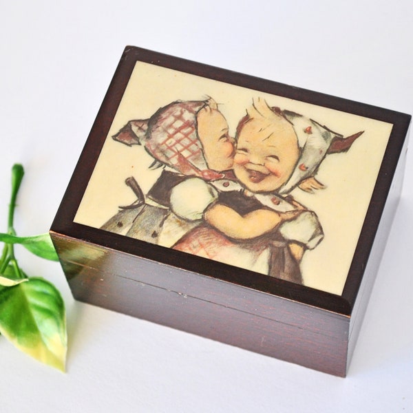 Vintage SMALL Italy M.I. Hummel "Telling Her Secret" Image Wooden Trinket Keepsake Box, Collectible Hummel Wood Hinged Lid Dresser Box