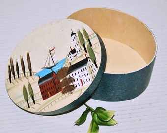 Hand Painted Seaside Colonial Shaker Style Wood Gift Box, Rustic Primitive Collectible Oval Storage Display Box Decor