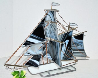 Vintage Stain Glass Art 3D Schooner Ship, Stained Glass 3D Sculpture Art Brigantine Clipper Ship Beach Nautical Coastal Marine Decor