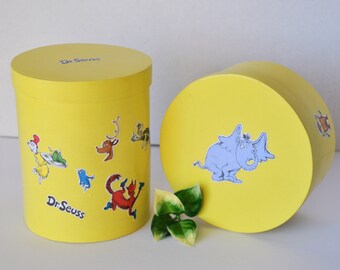 Hand Made Dr Seuss Shaker Style Wood Boxes, 2 Child's Room Decor, Yellow Painted Wooden Round Dr Seuss Gift Storage Display Box Decor