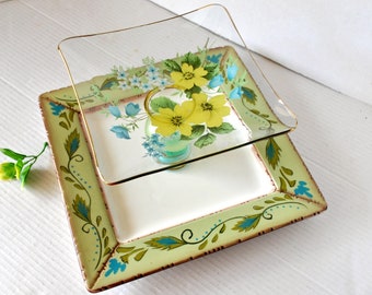 Unique 2-Tier STATEMENT Upcycled Serving Plate Jewelry Holder Dish, Mid Century Green Yellow Teal Reverse Painted Glass Buffet Server Plate