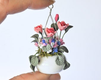 Dollhouse Miniatures Hanging Flowers, Artisan Made Miniature Dollhouse Hanging Flower Roses Bouquet 1:12th Scale Plant Decor