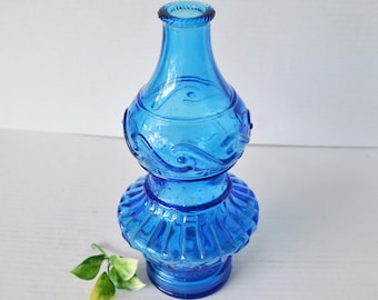 Vintage Unique RARE Wheaton Blue Glass Decanter Embellished Genie Bottle - NO stopper, Collectible Rare Wheaton Hourglass Shape Bottle