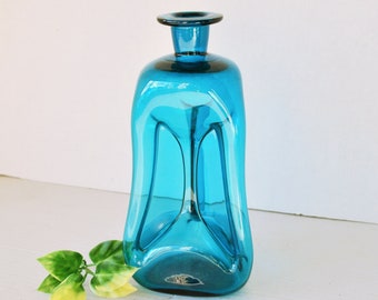 RARE Triangle Holmegaard of Denmark STAR TREK Kluk Kluk Pinched Aqua Glass Decanter Bottle, by Jacob Bang, Vintage Danish Retro Art Glass