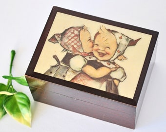 Vintage SMALL Italy M.I. Hummel "Telling Her Secret" Image Wooden Trinket Keepsake Box, Collectible Hummel Wood Hinged Lid Dresser Box