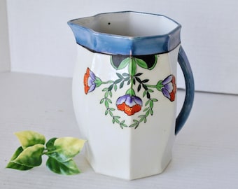 Vintage Lustre Ware Trico Nagoya Japón Cerámica Esmaltada Octágono PITCHER VASE, Jarra de Jarra de Cerámica Floral Pintada a Mano única