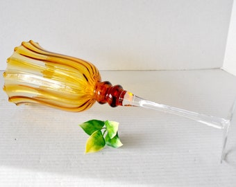 Vintage Tall Hand Blown Italian Empoli Style Amber Art Glass Compote, Mid Century Long Stem Candle Holder Ribbed Optic Fluted Glass Bowl