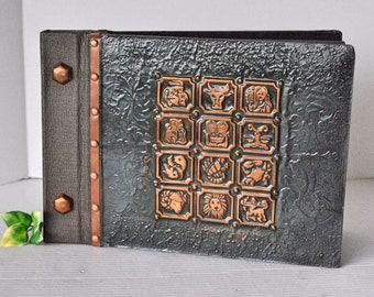 Vintage Brown Leather and Copper Zodiac Photo Scrapbook Album, Embossed Distressed Copper Photo Album Scrap Book, Handmade Photo Album