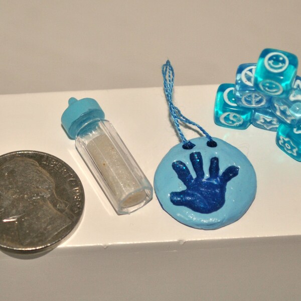 Dollhouse Miniature Baby Bottle, Building Blocks, Hand Print Plaque, Miniature Nursery Room Decor, Blue